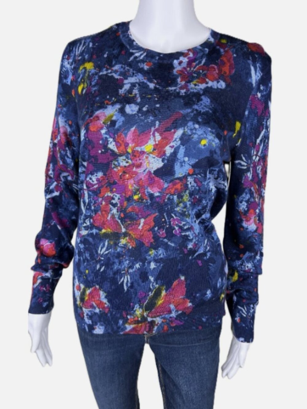 Lauren Ralph Lauren Womens Medium Blue Floral Crewneck Sweater Long Sleeve NWT